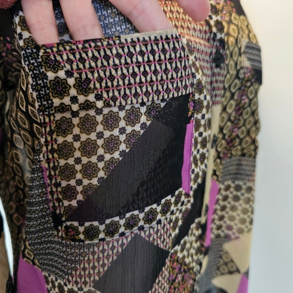 Pleione Sheer Patchwork Print Button-Up Blouse | … - image 5